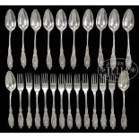 FINE SET OF FRENCH SILVER FORKS AND SPOONS. Each piece have a handle with bust profile with ribbon