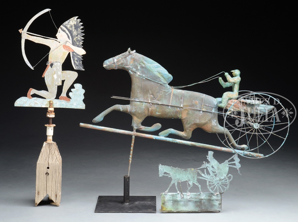 HORSE WITH SULKY RIDER WEATHERVANE, INDIAN WEATHERVANE AND SILHOUETTE HORSE AND RIDER COPPER CUTOUT.