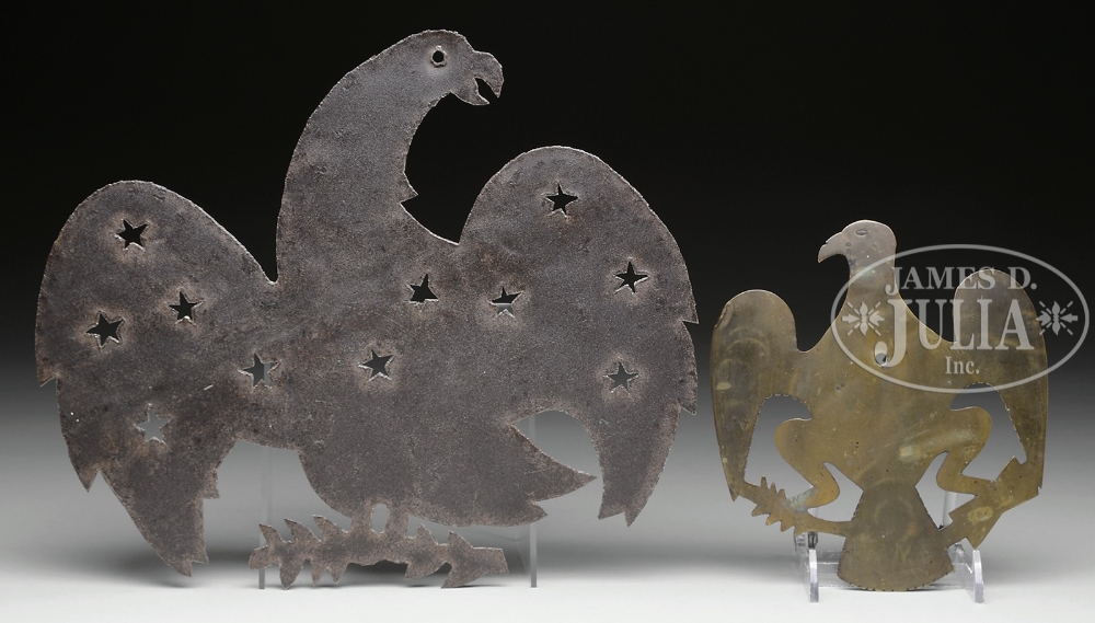 TWO CUTOUT SILHOUETTE EAGLES. 1) 6" h x 5-1/4" w. Helmet badge circa 1820 having brass spread winged