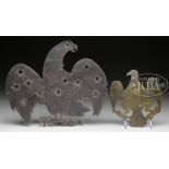 TWO CUTOUT SILHOUETTE EAGLES. 1) 6" h x 5-1/4" w. Helmet badge circa 1820 having brass spread winged