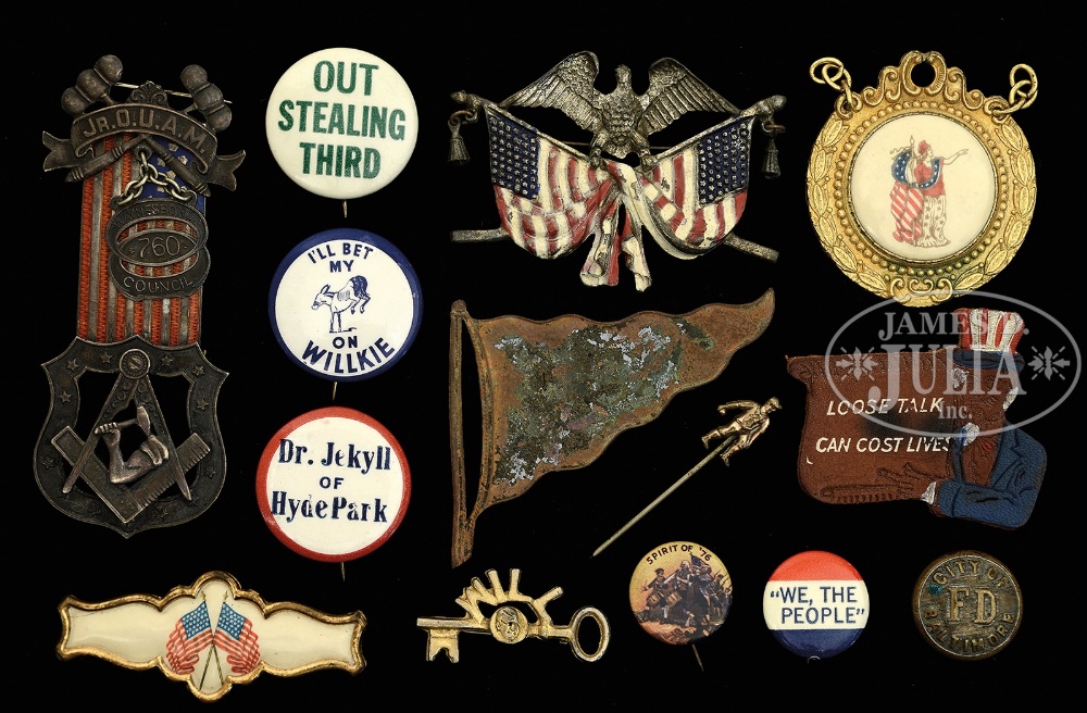 GROUP OF POLITICAL AND MISCELLANEOUS BADGES INCLUDING 3 FINE AND RARE EXAMPLES FROM WILLIAM MCKINLEY