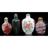 FOUR SNUFF BOTTLES. One red overlay white peking glass. One rock crystal with purple bands, one