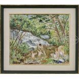 WALDO PEIRCE (American, 1884-1970) "YOUNG BATHERS BY WATERFALL" Oil on canvas. Housed in a paint