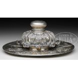 FABULOUS STERLING SILVER AND GLASS INKSTAND BY TIFFANY & COMPANY. The round sterling stand marked "