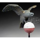 EAGLE FORM FLAG POLE FINIAL. Copper repousse eagle on zinc ball. Patriotic early red, white, and