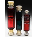 FINE LOT OF 3 COLORED CUT GLASS DOUBLE SCENT BOTTLES. 19th century. 1) 5-1/2" cranberry cut glass