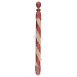 RED AND WHITE BALL TOP BARBER'S POLE. Large size red and white striped with old paint, having two