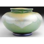 TIFFANY GREEN FAVRILE DECORATED VASE. Tiffany green vase has gold iridescent pulled feather design
