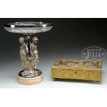 THREE FIGURE COMPOTE AND BRASS DECORATED BOX. 1) The tall compote having three back facing 9" t