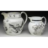 TWO DECORATED HERCULANEUM PATRIOTIC PITCHER. 1) 7" h white pitcher with black transfer images of