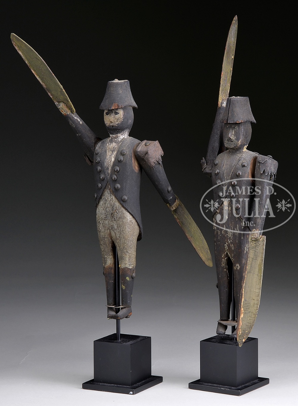 PAIR OF SMALL CARVED AND PAINTED SOLDIER WHIRLIGIGS. American, circa 1880-1900. A rare find