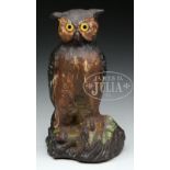 SUPERB SMALL OWL DOORSTOP. Circa 1920, National Foundry, Whitman, MA. Modeled with glass eyes and
