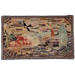 ANTIQUE SCENIC HOOKED RUG. This rectangular multi-colored rug depicts a house with landscape.