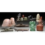 14 TRIBAL STYLE STONE & POTTERY EFFIGY CARVINGS WITH EFFIGY VESSEL. Including: South American,