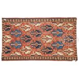 KUBA KILIM. Mid 19th century, very finely woven with cochineal, two shades of indigo blue, white,