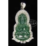 SMALL GREEN JADEITE GUANYIN. China. With jadeite in a translucent green tone set in a white metal