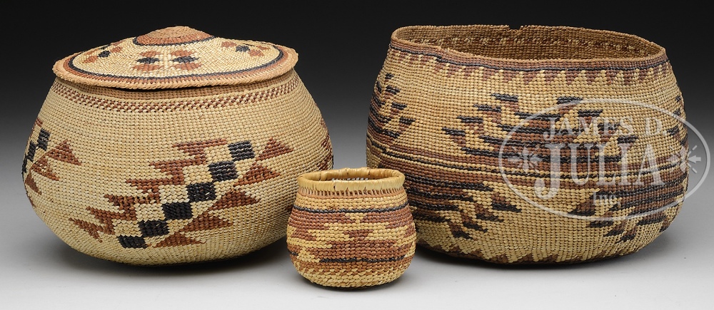 THREE NORTHWEST KLAMATH AND KAROK BASKETS. Finely woven polychrome step pattern designs. SIZE: