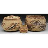 THREE NORTHWEST KLAMATH AND KAROK BASKETS. Finely woven polychrome step pattern designs. SIZE: