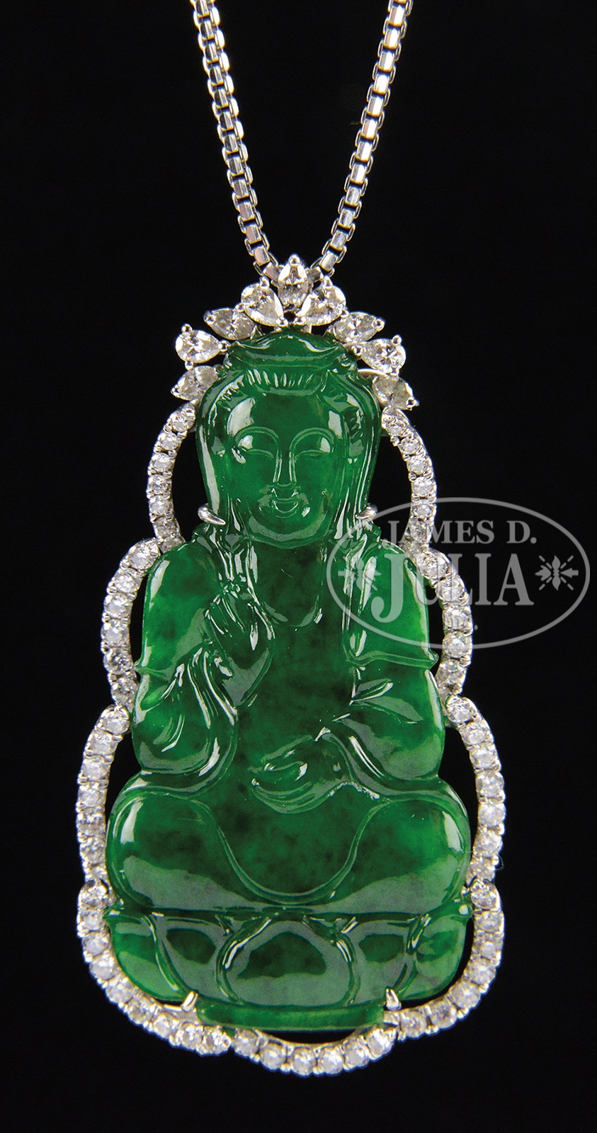 CARVED ICY TRANSPARENT JADEITE GUANYIN PENDANT WITH WHITE GOLD NECKLACE. The beautifully carved