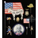 GROUP OF 11 AMERICAN CAMPAIGN PINS AND BADGES. 1) 1876 Rutherford B. Hayes fancy shield-shaped pin