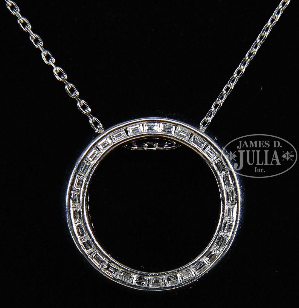 PLATINUM AND DIAMOND CIRCLE FORM PENDANT AND PLATINUM CHAIN. The 3/4" dia. round ring set with 30