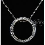 PLATINUM AND DIAMOND CIRCLE FORM PENDANT AND PLATINUM CHAIN. The 3/4" dia. round ring set with 30