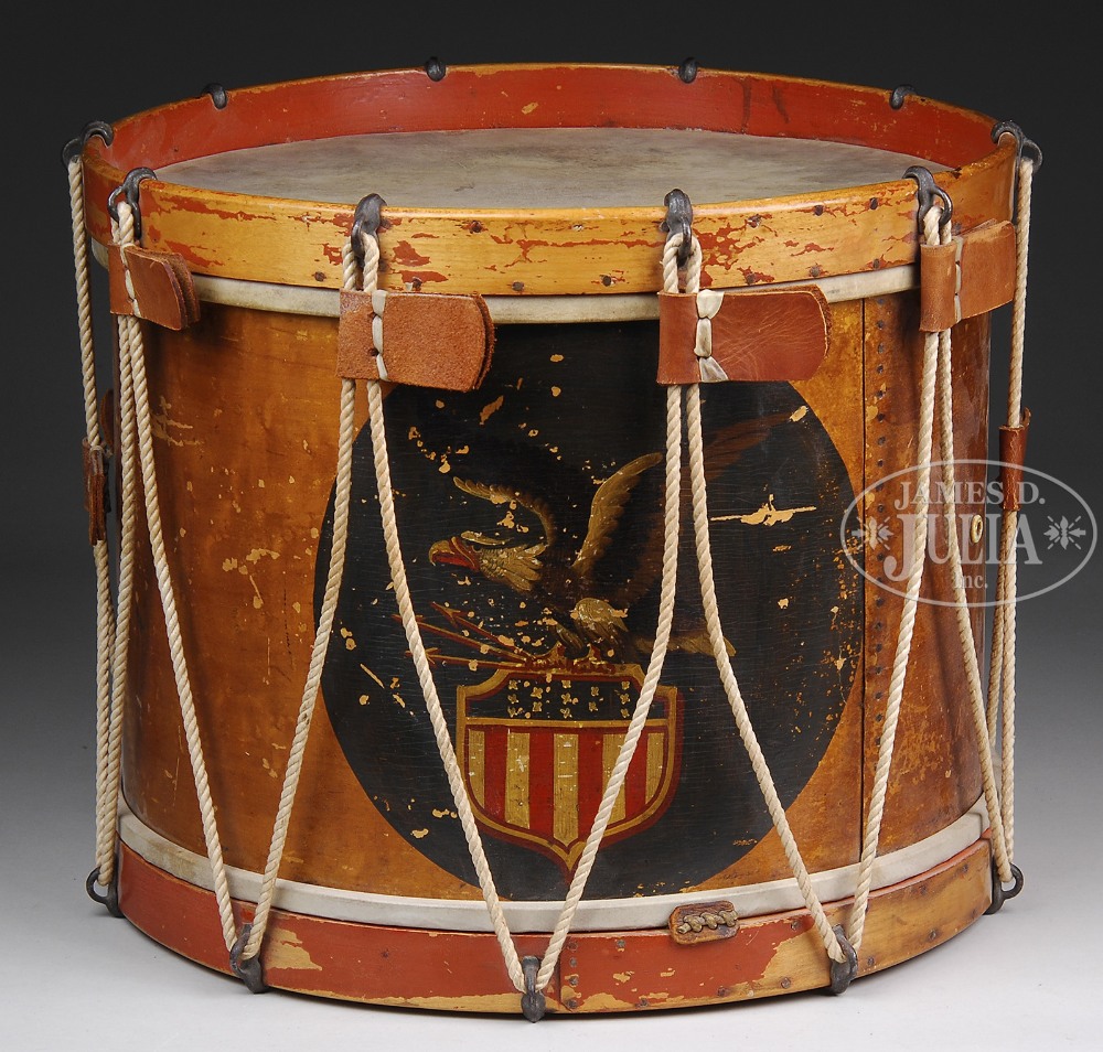 ORIGINAL CIVIL WAR MILITARY DRUM. This mid-19th century drum with a painted device. Approximately 9”