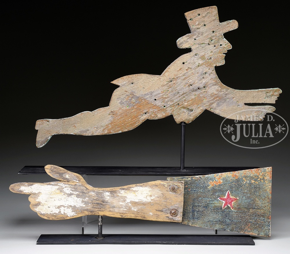 TWO CARVED WOOD ANTIQUE WEATHERVANES. 1) 24" l x 12" h, flying man weathervane, the carved