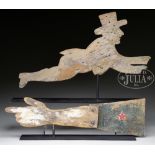 TWO CARVED WOOD ANTIQUE WEATHERVANES. 1) 24" l x 12" h, flying man weathervane, the carved