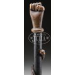 CARVED AND PAINTED FIST & SNAKE WALKING STICK. 19th Century New England. This fine pine example with