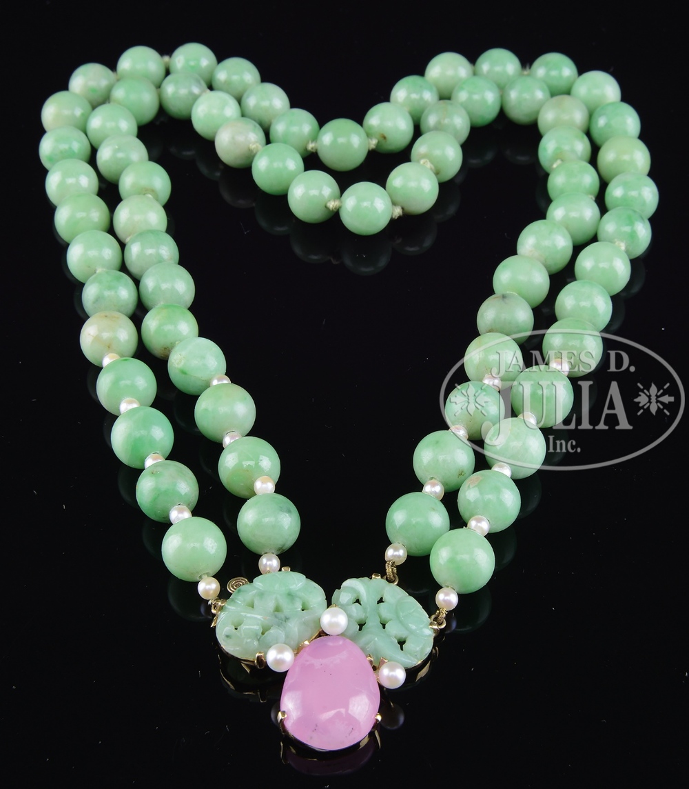NATURAL GREEN JADEITE DOUBLE BEAD NECKLACE WITH SEED PEARLS AND PINK SMITHSONITE. The necklace