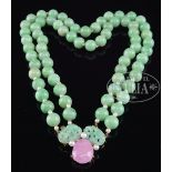 NATURAL GREEN JADEITE DOUBLE BEAD NECKLACE WITH SEED PEARLS AND PINK SMITHSONITE. The necklace