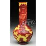 BOTTLE FORM PEKING GLASS VASE. Chien Lung mark but probably 19th century, China. Cameo carved red to
