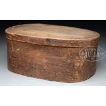 NASKAPI LARGE OVAL BENT WOOD COVERED BOX. Rare large size, mid 19th century, spruce, with faded