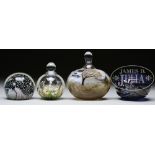 FOUR ART GLASS PAPERWEIGHTS. 1) 4-1/2" h paperweight perfume with dabber. The enameled scene of a