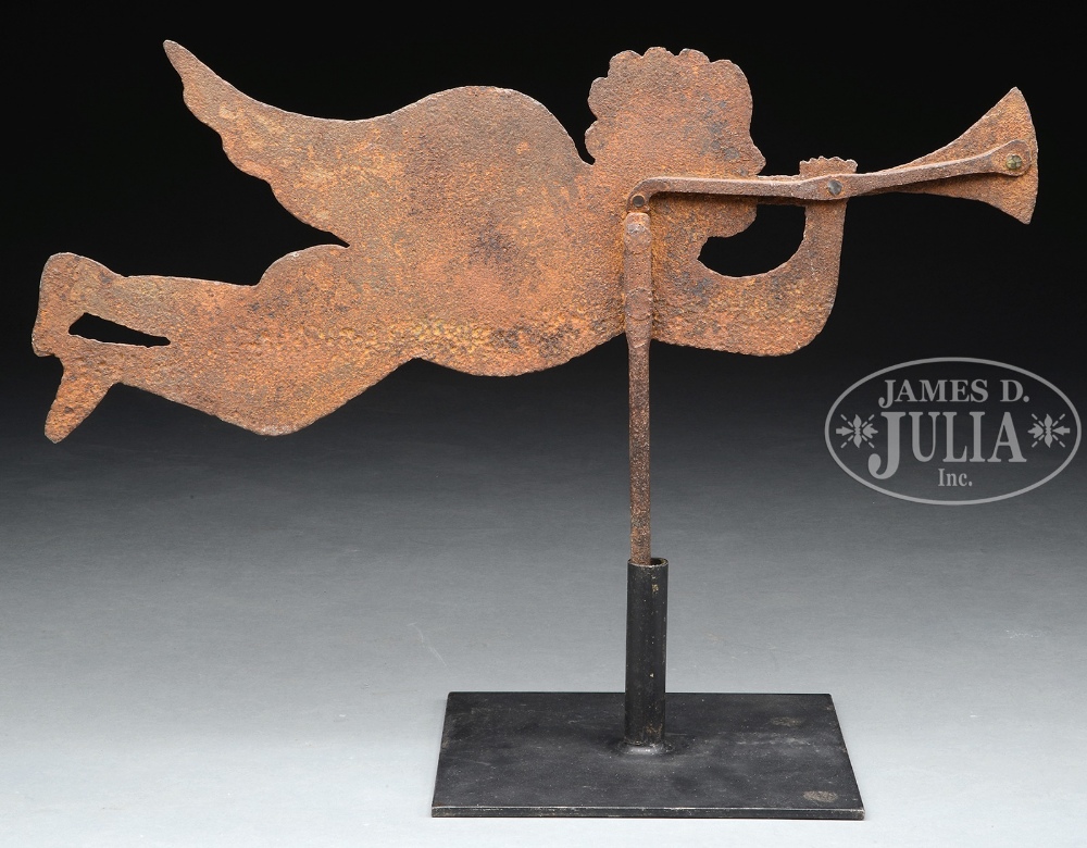 EARLY HAND WROUGHT SHEET STEEL GABRIEL WEATHERVANE. Nice form with the angel flying blowing trumpet. - Image 2 of 2