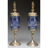 FINE PAIR OF GERMAN .800 SILVER AND CUT GLASS COVERED WEDDING CHALICES. The identical pair have blue