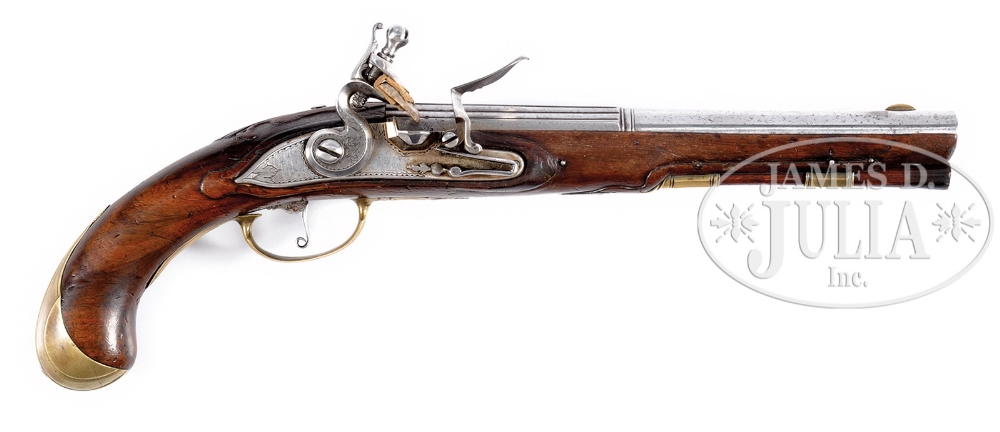 FINE ITALIAN FLINTLOCK OFFICER'S PISTOL. This fine pistol with carved moldings and engraved brass