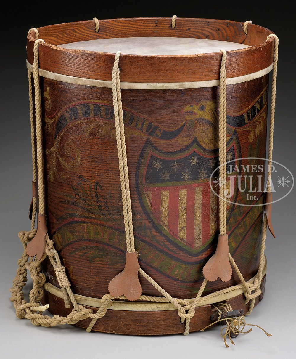 CIVIL WAR ERA "RANDOLPH LIGHT INFANTRY" REGULATION SNARE DRUM. Fine painted Civil War eagle drum