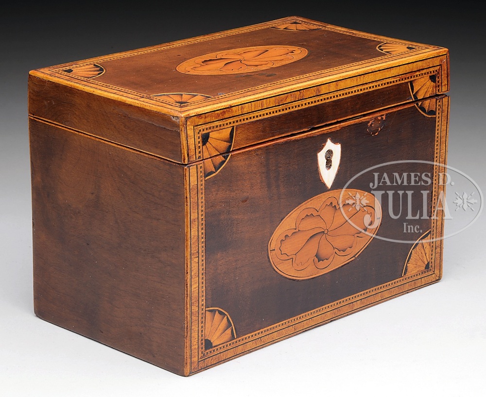 MAHOGANY FEDERAL TEA CADDY. Late 18th century, probably England. Signed on bottom 1796, M. Finch, in