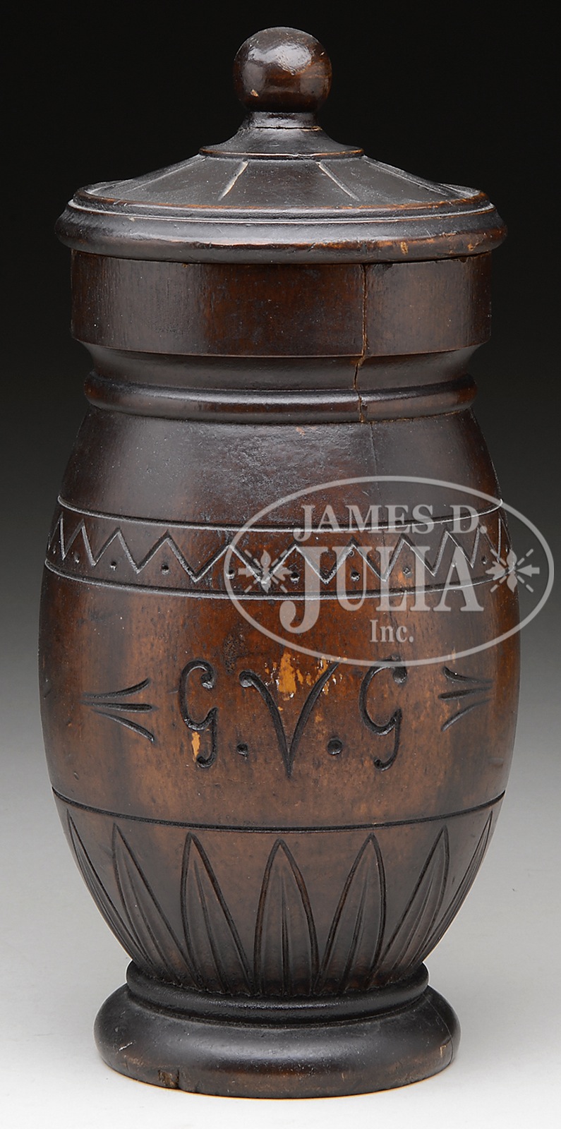 RARE CARVED PINE TOBACCO JAR WITH LID. 2nd Quarter 19th Century American. The lathe turned urn - Image 2 of 2