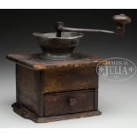 RARE EARLY COFFEE MILL WITH PEWTER BOWL. First quarter 19th Century New England. The mill, of