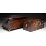 TWO 19TH CENTURY MAHOGANY TEA CADDIES. One with rectangular shape having two lift lid boxes and a