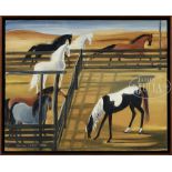 DAHLOV IPCAR (American, b. 1917) HORSES IN CORRAL Oil on canvas. Housed in a wood frame. Signed