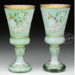 PAIR OF OVERLAY GLASS GOBLETS. Late 19th, early 20th Century. Each with sea foam green over white