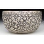 SILVER REPOUSSE BOWL. Circa 1900, Burma. Sides depicting 12 Chinese Zodiac animals between a band of