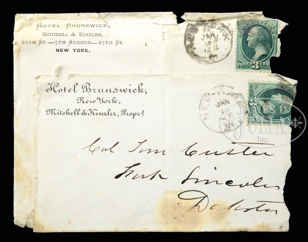 TWO ENVELOPES ADDRESSED BY GEORGE A. CUSTER TO HIS BROTHER COLONEL TOM CUSTER. The return address on