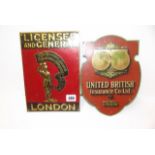 INSURANCE PLAQUES, 2 metal plaques "United British Insurance Co" and "The Licenses & General