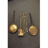 FIRE IRONS, brass 3 piece fire iron set and 2 reproduction warming pans