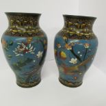 CLOISONNE, Pair of 19th century cloisonne baluster form vases, floral & bird decoration, on turqoise